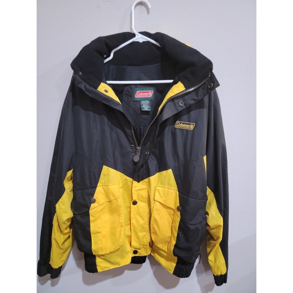 Coleman Jacket Mens L Black Yellow Full Zip Coat Hood Windbreaker Camping Hiking